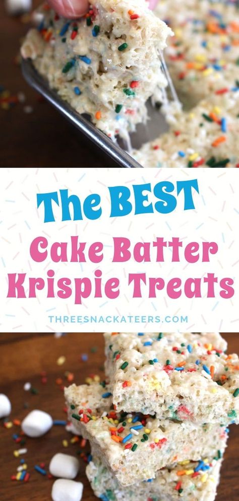 These delicious Funfetti Cake Batter Rice Krispie Treats are packed with colorful sprinkles making them perfect for a kid's birthday or party treat! You'll love this fun and easy recipe made with butter, marshmallows and a few other simple ingredients.  # Birthday Cake Sprinkles, Rice Krispie Cakes, Dessert Halloween, Cake Sprinkles, Krispie Treats Recipe, Dessert Simple, Cereal Treats, Funfetti Cake, Rice Crispy Treats