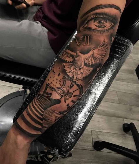 Dove Tattoos - Tattoo Insider Mangas Tattoo, Dove Tattoos, Sanskrit Tattoo, Dove Tattoo, Men Tattoos Arm Sleeve, Forarm Tattoos, Forearm Sleeve Tattoos, Cool Forearm Tattoos, Half Sleeve Tattoos For Guys