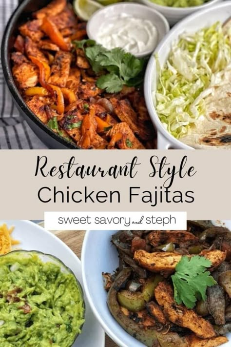 Restaurant Style Chicken Fajitas - Sweet Savory and Steph Mexican Chicken Fajitas, Chicken Peppers And Onions, Salsa Chicken Crockpot, Healthy Chicken Pot Pie, Chicken Fajitas Crockpot, Chicken Peppers, Fajita Marinade, Chicken Fajita Recipe, Fajita Recipe