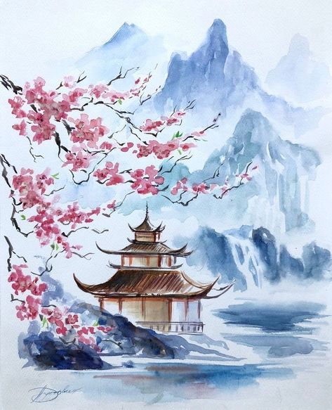 Japan Nature Drawing, Japan Painting Easy, Japanese Garden Drawing, Japanese Temple Painting, Sakura Painting, Drawing Scenery, Asian Wall Art, Painting Flowers Tutorial, Watercolor Art Journal