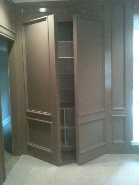 Double Wall Panel open - Media room: single doors flanking the screen Hidden Doors In Walls, Hidden Wall, Hidden Closet, Murphy Door, Wainscoting Styles, Hidden Doors, Wall Closet, Hidden Rooms, Closet Decor