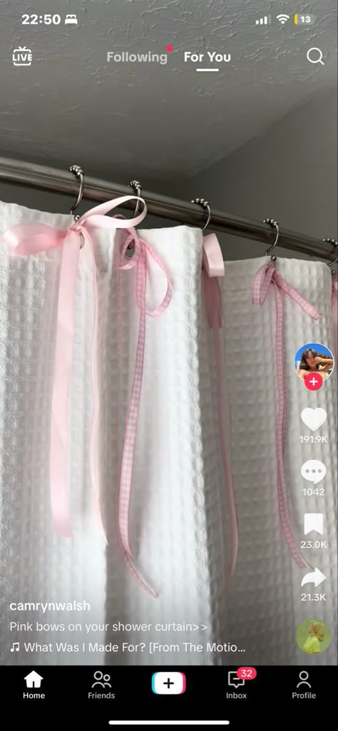 Ribbons On Shower Curtains, Shower Curtain With Ribbon, Shower Curtain Ribbon, Ribbon Shower Curtain Hooks, Bow On Shower Curtain, Ribbon On Shower Curtain, Curtain With Bows, Ribbon Shower Curtain, Bows On Curtains