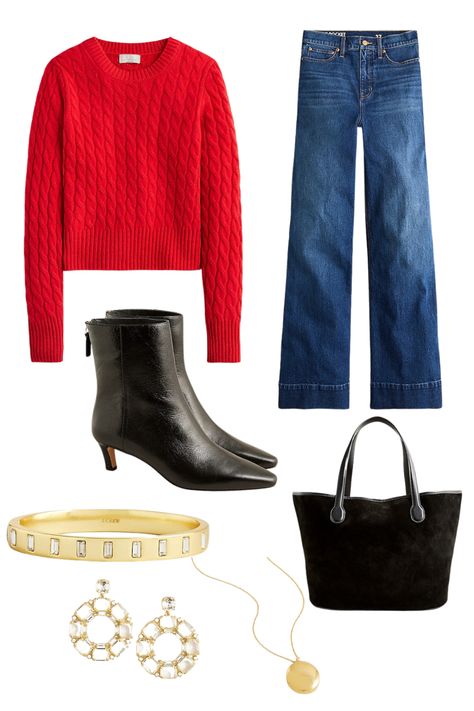 Red shunken cashmere cable knit sweater, wide leg denim jeans, black leather ankle boots, leather and suede tote bag, gold jewelry. #jcrew #falloutfitsforwomen #fallstyle #styleguide #ootd #capsulecloset Fall outfits Fall fashion. Fall casual outfit. Fall everyday outfit. Casual outfit. Early fall outfit. Comfy casual outfit. Trendy fashion. Everyday wear. Cute outfit. Fall aesthetic. Fall outfit aesthetic. Cute Outfit Fall, Fall Outfit Comfy, Casual Outfit Fall, Abercrombie Outfits, Fall Outfit Aesthetic, Aesthetic Fall Outfit, Capsule Wardrobe Pieces, Wide Leg Denim Jeans, Suede Tote Bag