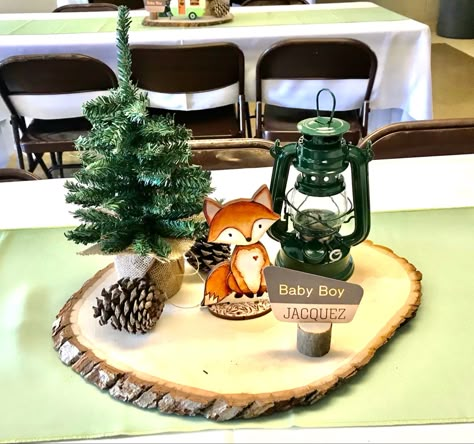 Happy Camper Table Decor, Wilderness Centerpiece Ideas, Camping Party Centerpiece Ideas, One Happy Camper First Birthday Centerpiece, Happy Camper Centerpieces, One Happy Camper Table Centerpieces, One Happy Camper Centerpieces, One Happy Camper First Birthday Decor, First Birthday Camping Theme