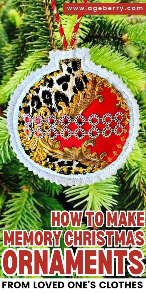 Create a cherished keepsake with our tutorial on How to Make Memory Christmas Ornament from your loved one's clothes. This heartfelt project allows you to transform sentimental fabric into beautiful ornaments that celebrate memories. Gather clothing items that hold special meaning, and follow our step-by-step guide to craft unique, personalized decorations for your tree. This sewing project not only preserves memories but also adds a touch of love to your holiday decor. Christmas Ornaments Made From Old Shirts, Diy Ornaments From Old Clothes, Memory Christmas Ornaments From Shirts, Clothing Memorial Ideas, Memorial Keepsake Ideas Diy, Memory Sewing Projects, Diy Memory Ornaments, Memory Christmas Ornaments Diy, Memory Ornaments Diy