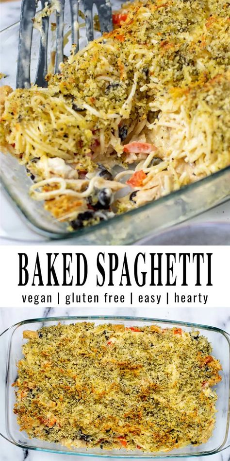 Vegan Chicken Spaghetti, Vegan Casseroles, Easy Mediterranean Recipes, Leftover Spaghetti, Baked Spaghetti Recipe, Vegan Spaghetti, Vegan Casserole, Vegan Party, Eating Vegan