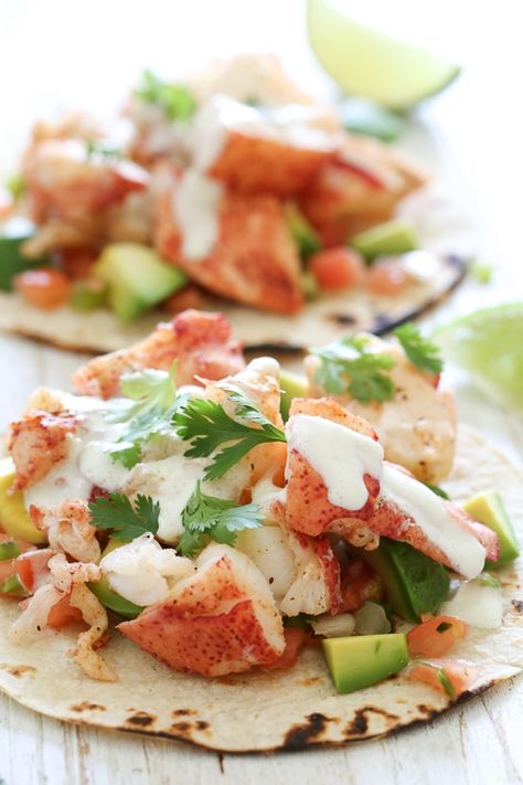 Union Cantina Lobster Tacos Chicken And Asparagus Stir Fry, Poblano Crema, Lobster Tacos, Chicken And Asparagus, Lobster Meat, Lobster Recipes, Shrimp Tacos, Skinny Taste Recipes, Seafood Dinner