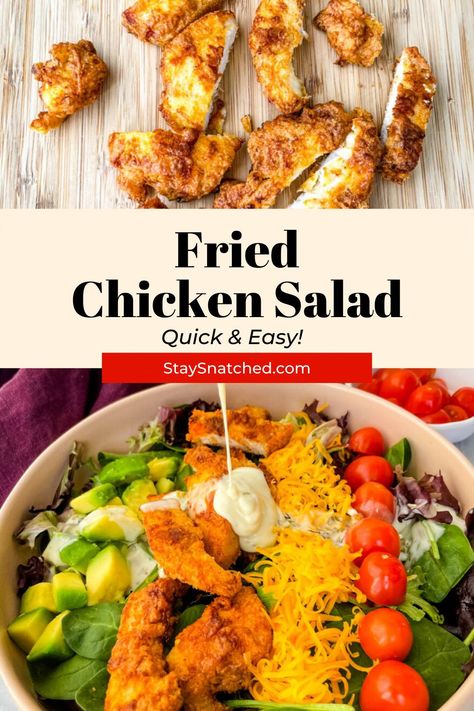 This Crispy Fried Chicken Salad is the perfect meal to add fresh vegetables to a weeknight meal. This dish is made with strips of chicken breasts or tenders and paired with greens, shredded cheese, and your favorite dressing. Southern Fried Chicken Salad, Fried Chicken Salad Recipe, Chicken Salad Video, Fried Chicken Salad, Chicken Tender Salad, Fried Chicken Salads, Chicken Breast Salad, Breaded Chicken Tenders, Southern Recipes Soul Food