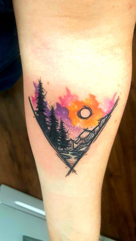 Arizona Sunset Tattoo, Mother Son Tattoo Ideas Unique, Mountain Sunrise Tattoo, Watercolor Mountains Tattoo, Unique Tattoos With Meaning, Moutain Tattoos, Scene Sketch, Desert Tattoo, Son Tattoos