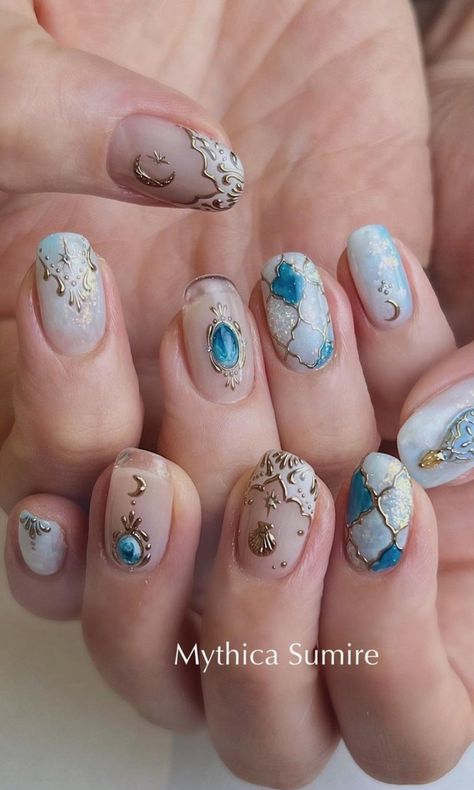 Celestial Nails Acrylic Almond, Bridgerton Inspired Nails Ideas, Regency Nails, Bridgerton Nails, Bohemian Nails, Old Money Nails, Maquillage Yeux Cut Crease, Money Nails, Creative Nail Art