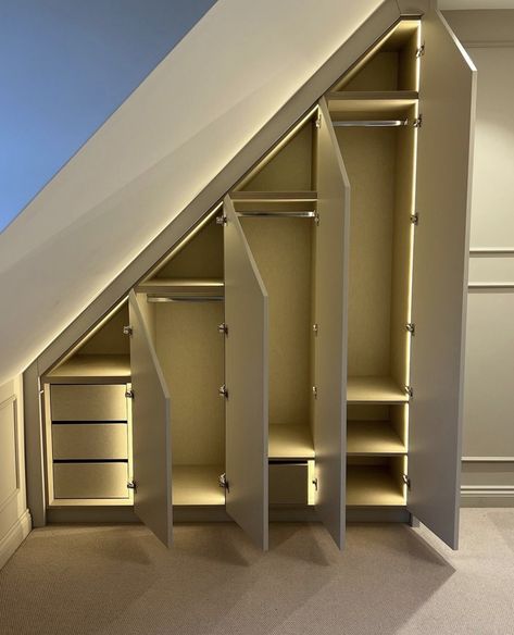 Pitched Ceiling Bedroom Attic Rooms, Attic Closet Solutions, Attic Conversion Storage, Under Stairs Bedroom Closet, Under Stairs Wardrobe, Fitted Wardrobe Slanted Ceiling, Under Roof Bedroom, Wardrobe Attic Slanted Ceiling, Attic Wardrobe Ideas