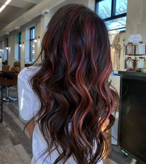 Dark Red With Pink Highlights, Popular Hair Colors For 2023 Dark, Dark Brown Hair With Fun Colors, Dark Pink Highlights In Black Hair, Black Hair With Highlights Pink, Dark Pink And Black Hair, Black Red Highlights Hair, Baby Pink Hair Highlights, Pink Highlights In Dark Hair