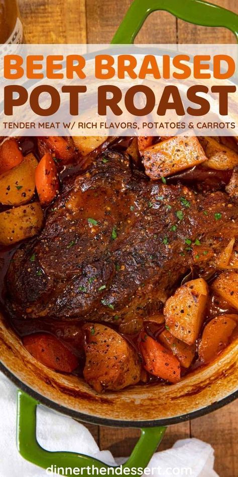 Beer Braised Beef Roast, Beer Braised Pot Roast, Pot Roast With Beer, One Pot Roast Beef, Beer Pot Roast Crockpot, Angus Roast Crock Pot, Beer Chuck Roast Recipes, Guinness Pot Roast, Braised Chuck Roast Recipes