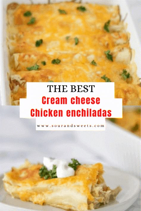 Cream Cheese Chicken Recipes, Chicken Recipes With Cream Cheese, Chicken Cheese Enchiladas, Cream Cheese Enchiladas, Cream Cheese Chicken Enchiladas, Easy Chicken Enchilada Recipe, Enchilada Ingredients, Cheesy Chicken Enchiladas, White Chicken Enchiladas