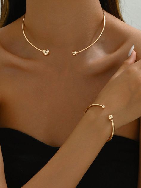 1pc Choker Necklace + 1pc Open Bangle Bracelet Set, Vintage Minimal Daily Wear Accessories, Mother's Day Gift Gold,White Gold         Women Fashion Jewelry, size features are:Bust: ,Length: ,Sleeve Length: Minimal Hair Accessories, Daily Wear Gold Bracelet For Women, Minimal Gold Jewelry, Metallic Fashion, Open Bangle Bracelet, Gold Wedding Jewelry, Bangle Bracelet Set, Multi Layer Necklace, Metal Fashion