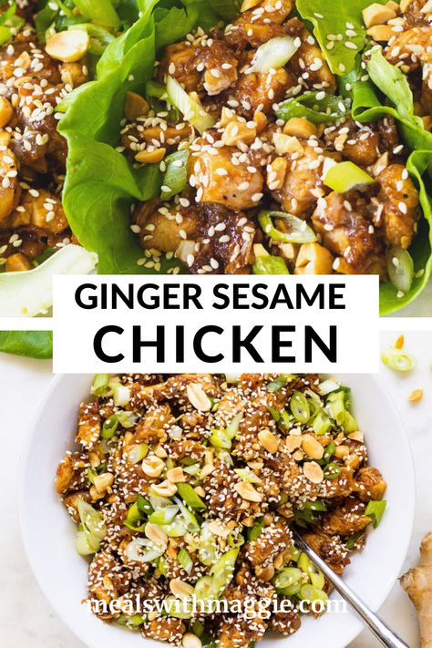 Ginger Chicken Bowl, Sesame Rice Bowl, Cauliflower Rice Chicken Stir Fry, Meals With Ginger Root, Asian Style Meal Prep, Sesame Ginger Chicken Crumbles, Sesame Ginger Chicken Recipe, Sesame Ginger Chicken, Sesame Chicken Sauce