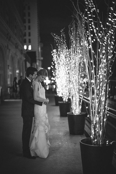 Pose for photos next to lit trees for a romantic look Trees With Lights, Lighted Trees, Wedding Branches, Coin Photo, Light Up Tree, Lighted Branches, Rooftop Wedding, Houston Wedding, Tree Wedding