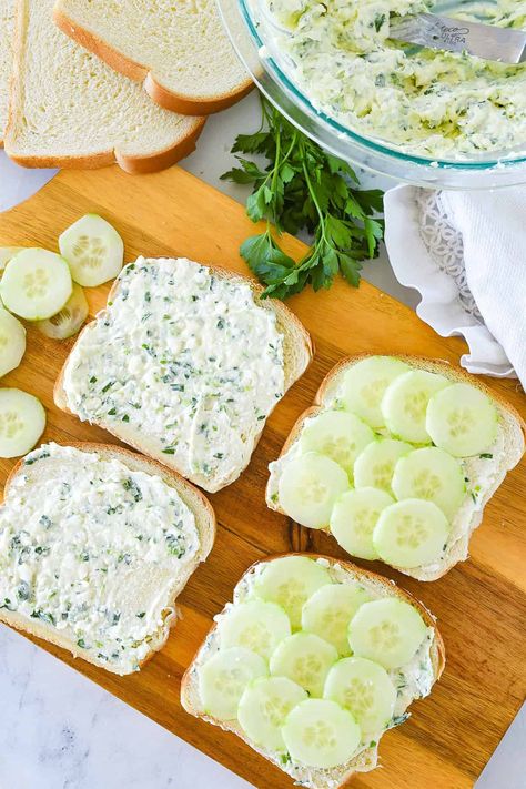 Cucumber Sandwiches are a must have for a tea party, brunch, bridal shower or baby shower. My favorite cucumber sandwich recipe has amazing flavor and is easy and simple to make. Egg Salad Sandwich Tea Party, Easy Tea Party Food Finger Sandwiches, Finger Sandwiches For Tea Party, Cucumber Sandwich Recipe, Tea Party Sandwiches Finger Foods, Cumber Sandwiches, Tea Sandwiches Recipes Easy, Shower Sandwich Ideas, Cucumber Tea Sandwich Recipe