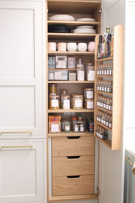 facing an organised pantry with the door open in a pale green kitchen Tiny Kitchen Pantry, Tiny Pantry Organization, Tiny Pantry Organization Ideas, Pantry Cupboard Designs, Tiny Pantry, Kitchen Pantry Cupboard, Open Pantry, House Pantry, Pantry Organization Ideas