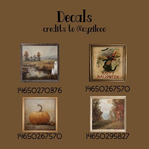 Autumn Decals Bloxburg Codes, Bloxburg Family Photos Codes, Blocksburg Halloween House Ideas, Fall Id Codes Bloxburg, Roblox Fall Picture Codes, Halloween House Bloxburg Exterior, Fall Painting Decals Bloxburg, Roblox Picture Id Codes Halloween, Halloween Picture Decals Bloxburg