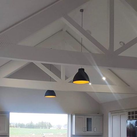 Shane Harte Construction on Instagram: "Did you know that you can achieve a full vaulted ceiling with exposed beams without paying the cost of decorative timber beams? Featured here are some structural trusses designed and manufactured by Armstrong Timber Engineering. Creating a modern open vault with exposed beams that don’t take over the space visually but instead blend into the space nicely.   #previousprojects #newbuildsofinstagram #exposedbeams #structuralbeams #roofing #openplanliving #openplankitchen #vaultedceiling #vault #exposedvaults" Open Truss Ceiling Lighting, Exposed Beam Vaulted Ceiling, Shane Harte, Truss Ceiling, Exposed Trusses, Timber Beams, Kitchen Ceiling, Exposed Beams, Ceiling Decor