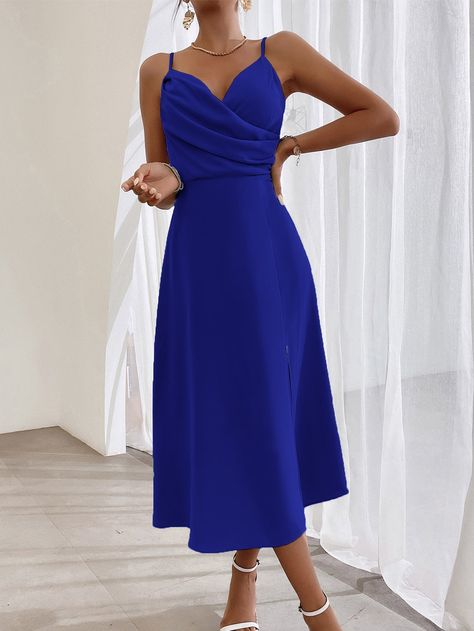 Navy Blue Elegant Collar Sleeveless Polyester Plain Cami Embellished Non-Stretch Summer Women Dresses Prom Dresses Blue Royal, Royal Blue Dress Accessories, Bridesmaid Dresses Midi, Royal Blue Midi Dress, Blue Wedding Guest Dresses, Neck Ruffle Collar, Royal Blue Bridesmaid Dresses, Maternity Dresses For Photoshoot, Marine Uniform