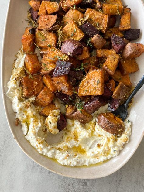 Sweet Potato Recipes Roasted, Herb Roasted Potatoes, Salty Treats, Purple Sweet Potatoes, Whipped Feta, Best Side Dishes, Sweet Potato Recipes, September 21, Roasted Sweet Potatoes