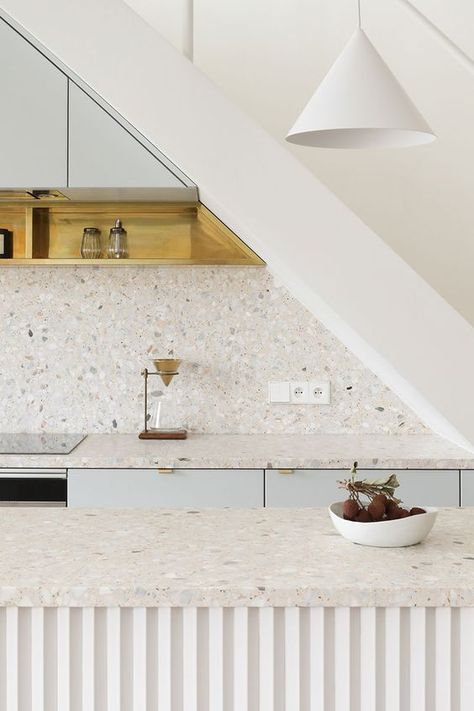 a serene white and pale blue kitchen with white terrazzo countertops and a backsplash, white pendant lamps Terrazo Countertop, Terrazzo Kitchen Countertops, Terrazzo Backsplash, Kitchen Terrazzo, Terrazzo Countertop, Terrazzo Kitchen, Flip House, French Interior Design, White Terrazzo