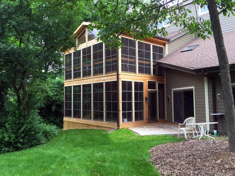 Porch With Gable Roof, Two Story Sunroom, 2 Story Deck, Porch Off Master, Cedar Screen, Gable Roof Porch, All Season Porch, Sunroom Deck, Wood Cupboard