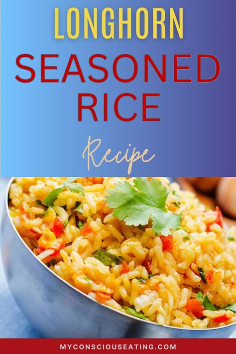 Seasoned rice in a serving dish Longhorn Rice Pilaf Recipe, Longhorn Rice, Seasoned Rice Recipe, Longhorn Steakhouse Recipes, Steakhouse Recipes, Grilled Rice, Rice Pilaf Recipe, Longhorn Steakhouse, Seasoned Rice Recipes