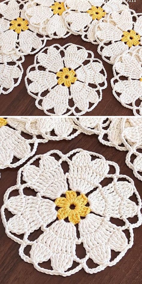 Crochet Lace Coaster, Flower Doily Crochet Pattern, Crochet Doily Coaster, Crochet Round Flower, Crochet Flower Placemats, Crochet Flower Doily Pattern Free, Crochet Flower Doily, Flower Crochet Coaster Free Pattern, Flower Crochet Coasters