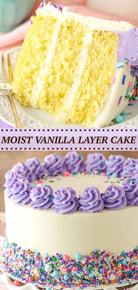 This Moist Vanilla Layer Cake is just what it sounds like – a moist, soft vanilla cake! It’s delicious and easy to make too! Fluffy Vanilla Cake Recipe, Vanilla Layer Cake Recipe, Soft Vanilla Cake, Vanilla Layer Cake, Moist Vanilla Cake, Layer Cake Recipes, Homemade Frosting, Dessert Party, Vanilla Cake Recipe