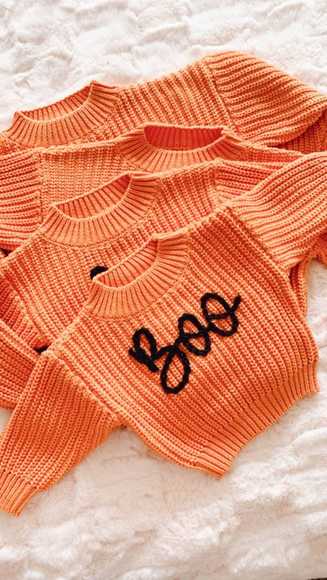 Beautiful hand embroidered boo chunky sweater. Perfect for your baby's fall or Halloween events .  This listing is for one sweater only. If you want a different color, just send us a convo Hand embroidery on a chunky sweater True to size Custom orders welcome Hand Embroidered Halloween, Halloween Embroidered Sweater, Pumpkin Embroidery Sweater, Halloween Knit Sweater, Knit Sweater Embroidery, Fall Embroidered Sweater, Sweater Embroidery Diy, Hand Embroidery Sweater, Pumpkin Sweaters