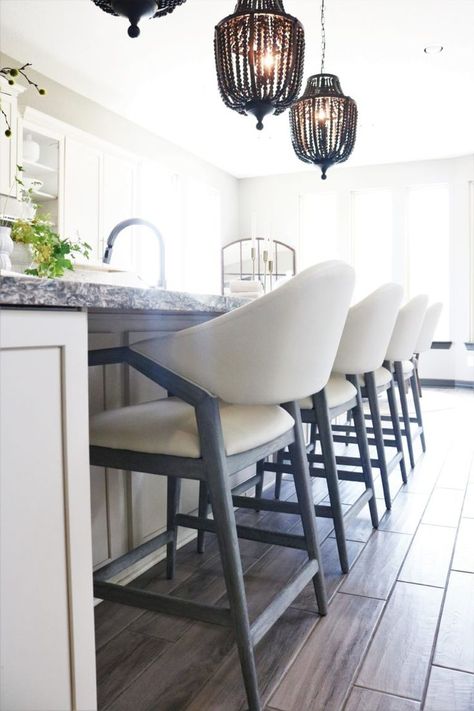 Unique Kitchen Stools and The One We Chose for Our Kitchen - MELISSA ROBERTS INTERIORS    kitchen design | kitchen ideas | kitchen decor | kitchen barstools | barstools with backs Bar Stools In Grey Kitchen, Barstools In White And Gray Kitchen, All White Kitchen Island, Baby High Chair For Kitchen Island, Gray Bar Stools Kitchen Island, Black And White Barstool, Light And Airy Sunroom, Best Stools For Kitchen Island, Bar Stools For Black And White Kitchen