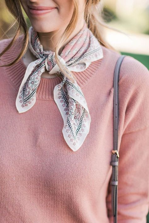 necktie bandana scarf with sweater | pink sweater | winter Style | accessory trends Silk Scarf Outfit, Wear A Scarf, Valentines Day Dresses, How To Wear A Scarf, Scarf Outfit, Stylish Scarves, Scarf Silk, Bandana Scarf, Style Inspiration Fall