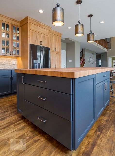 Beautiful Blues Yardley Natural Wood Kitchen Cabinets With Blue Island, Blue Kitchen Cabinets Black Sink, Blue Tile Backsplash Kitchen Wood Cabinets, Blue And Brown Kitchen Cabinets, Blue Bottom Kitchen Cabinets, Island Cabinets, Hickory Kitchen, Blue Kitchen Island, Two Tone Kitchen Cabinets