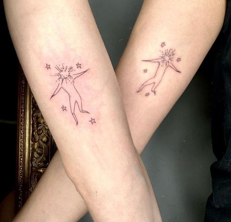 Matching Tattoos Ghibli, Howls Moving Castle Matching Tattoos, Whimsical Matching Tattoos, Star Children Tattoo Howls Moving Castle, Matching Ghibli Tattoos, Matching Studio Ghibli Tattoos, Studio Ghibli Matching Tattoo, Howls Moving Castle Tattoo Minimalist, Matchy Tattoos