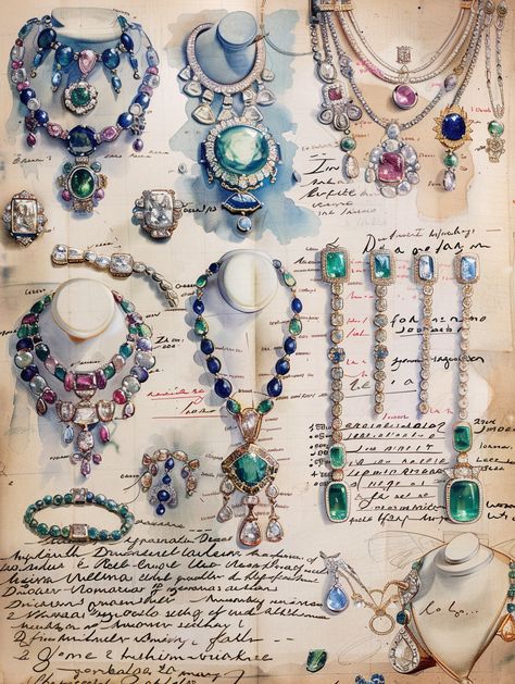 #Sketchbook #JewelryDesigns #Watercolor #Ink #JohnSingerSargent #VintageStyle #Gemstones #3:4 #TheCandie Drawing Of Jewelry, Jewellery Sketchbook Ideas, Jewelry Illustration Design, Jewelry Design Sketch, Pearl Illustration, Gems Aesthetic, Ciel Black Butler, Jewellery Drawing, Accessories Design Sketch