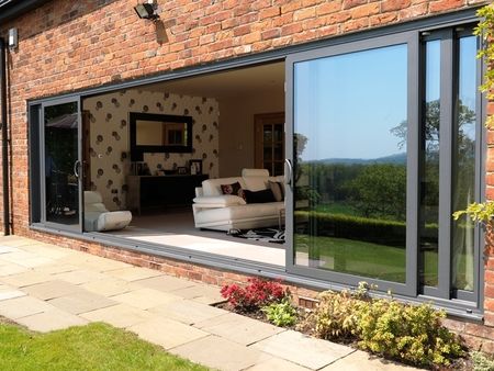 6 panel triple track aluminium patio door Ours would be 4 Aluminium Patio Doors, Door Aluminium, Sliding Doors Exterior, Sliding Glass Doors Patio, Glass Doors Patio, House Extension Design, Door Inspiration, Sliding Glass Doors, Sliding Patio Doors