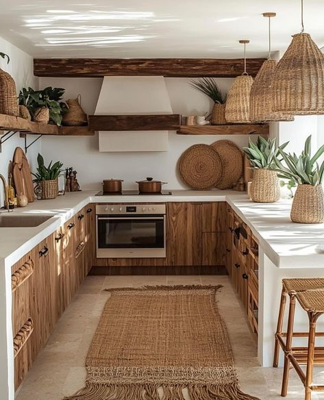 Modern Boho Kitchen, Creative Design Furniture, Earthy Home Decor, Natural Kitchen, Kitchen Colour Schemes, Boho Kitchen, Modern House Plans, Kitchen Shelves, Kitchen Designs