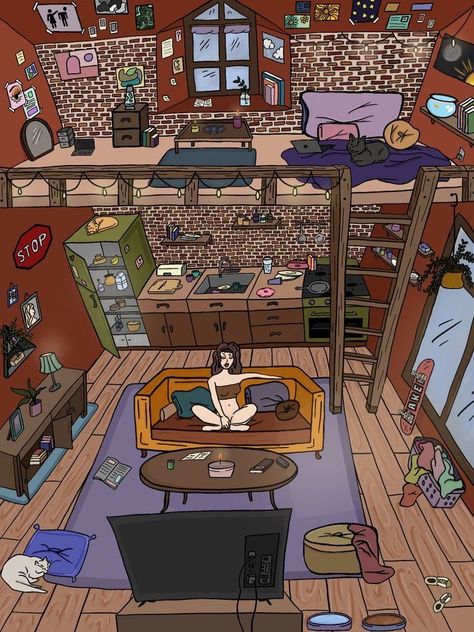 Apartment Aesthetic Loft, Nyc Aesthetic Apartment, Procreate Tiktok, Aesthetic Loft, Procreate Artwork, Digital Art Procreate, Baba Jaga, Home Drawing, Cats Home