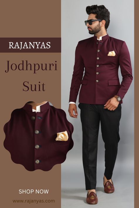 Wine Jodhpuri suit available @RajanyasOfficial | SHOP NOW #rajanyas #jodhpurisuit #newarrival #latestcollection Wine Jodhpuri Suits For Men, Jodhpuri Suits For Men, Indian Wedding Clothes For Men, Jodhpuri Suit, Maroon Colour, Mens Wear Wedding, Brown Plain, Casual Indian Fashion, Dress Suits For Men