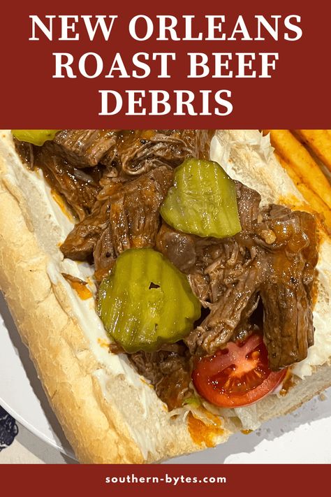 Roast Beef Debris is a New Orleans classic - tender, shredded beef in a flavorful sauce that just melts in your mouth. Served on crunchy French bread and fully dressed with mayonnaise, lettuce, and tomatoes - it is so delicious. Roast Beef Crock Pot Recipes, Roast Beef Sandwich Recipes, Shredded Beef Recipes, Best Roast Beef, Cooking Roast Beef, Cajun Creole Recipes, Roast Beef Sandwiches, Cajun Cooking, Creole Recipes