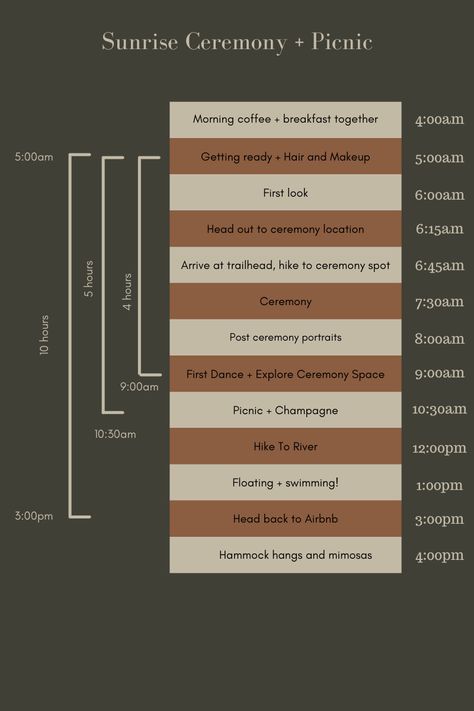 Timeline Sample, Elopement Timeline, Sunrise Wedding, Sunrise Ceremony, Sunset Time, Kayak Trip, Wedding Timeline, Park Ranger, Courthouse Wedding