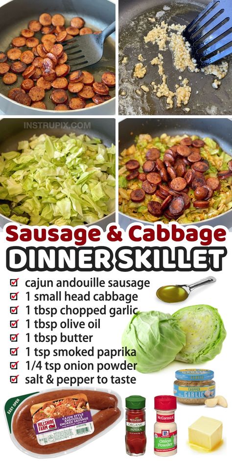 Easy Sausage & Cabbage Dinner Skillet (Healthy & Keto) Easy Keto One Pan Meals, Cheap Stovetop Dinners, Simple Low Calorie Dinners, Cheap Low Calorie Meals, Keto Skillet Meals, Cheap Keto Dinners, Cheap Low Carb Meals, Simple Low Carb Meals, Simple Cheap Dinners