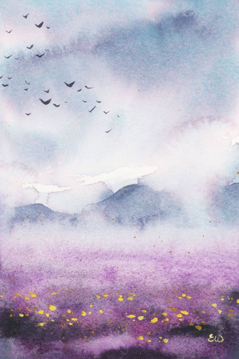 Watercolor and gouache painting of a landscape with foggy mountains and a purple field with yellow flowers. Background Watercolor Painting, Blue Painting Watercolor, Spring Watercolor Painting Ideas, Fantasy Landscape Watercolor, Bright Watercolor Paintings, Watercolor Field, Painting Purple, Purple Art Painting, Ethereal Watercolor