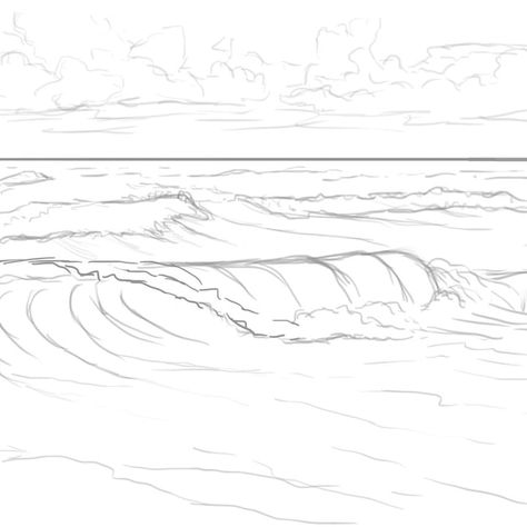 Ocean Wave Drawing Simple, How To Draw A Ocean, Surfing Drawing Reference, How To Draw The Ocean, How To Draw Waves Easy, Sea Drawing Pencil, How To Draw A Beach, How To Draw Beach, Ocean Water Drawing