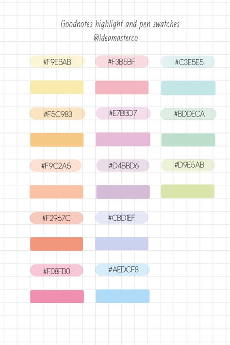 Good Notes Hex Codes Pastel, Mildliner Highlighters Drawings, Good Note Color Palette, Google Calender Colour Scheme Pastel, Highlighter Palette Goodnotes, Google Calendar Color Scheme Pastel, Good Notes Hex Codes Pen, Digital Planner Color Palette, Notion Color Palette