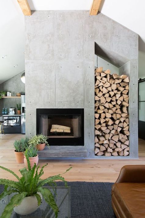 Love this cement fireplace with space for logs Concrete Fireplace, Contemporary Fireplace, Corner Fireplace, Lodge Decor, Home Fireplace, Fireplace Makeover, Modern Fireplace, Fireplace Tile, Fireplace Wall