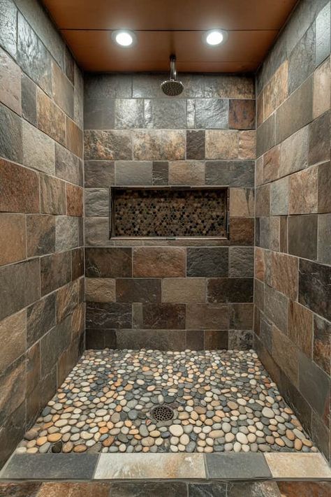 31 Best Shower Tile Combinations You Must Try - Drop By My Home Shower Flooring Ideas Walk In, Curbless Shower No Door, Walk In Stone Shower No Door, Rustic Walk In Shower Ideas Stone, Wood-look Shower Tile Ideas, River Rock Tile Shower Floor, Onyx Shower Ideas Walk In Master Bath, Walk In Shower Size, River Rock Shower Ideas